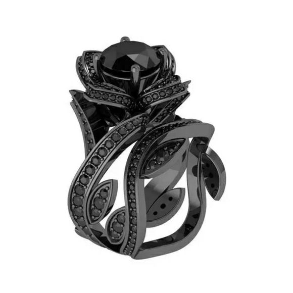 None Jewelry - Black stone flower zirconia ring set
